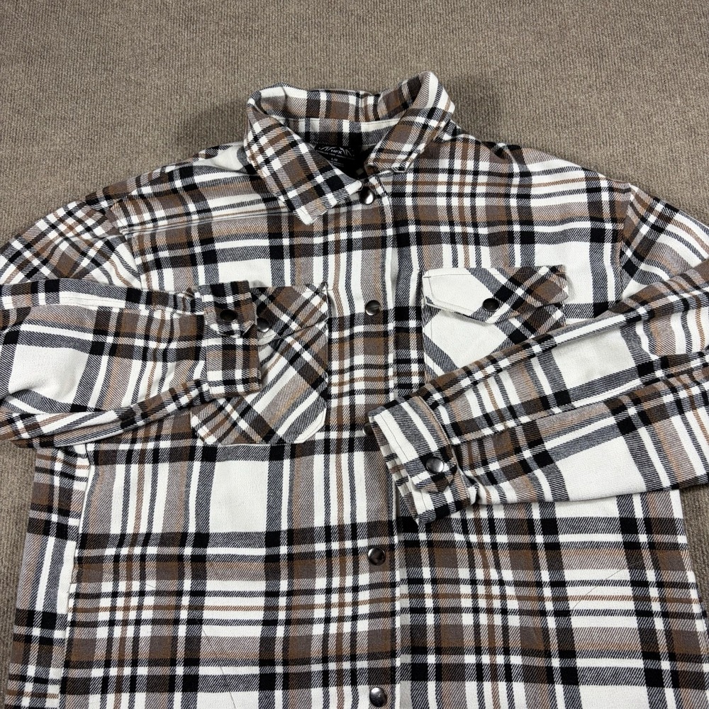 HFX Flannel Snap Jacket Women's Size L Gray & Brown Plaid W/Pockets Heavy Fabric